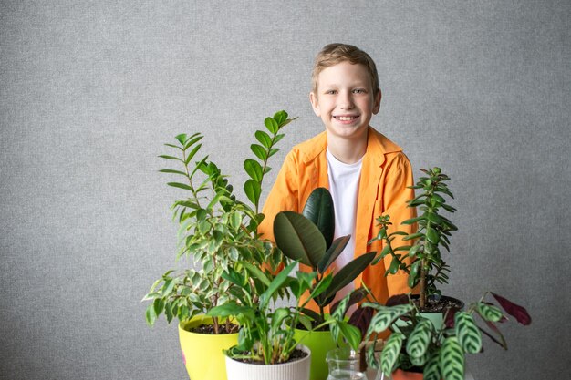 A cute happy agronomist boy in a shirt stands with indoor plants Flower care