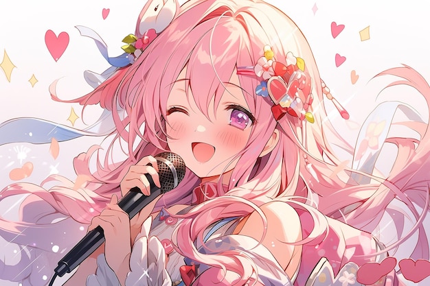 cute happy anime young woman with long pink hair singing into microphone