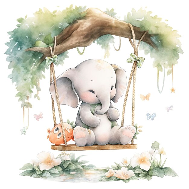 Cute happy baby elephant on swings in the tree in watercolor