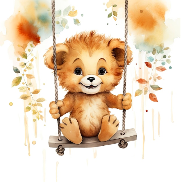 Cute happy baby lion on swings attached to the tree in watercolor style