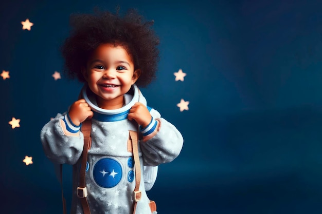 cute happy baby toddler kid dressed like an astronaut on blue background with stars glowing ai generative