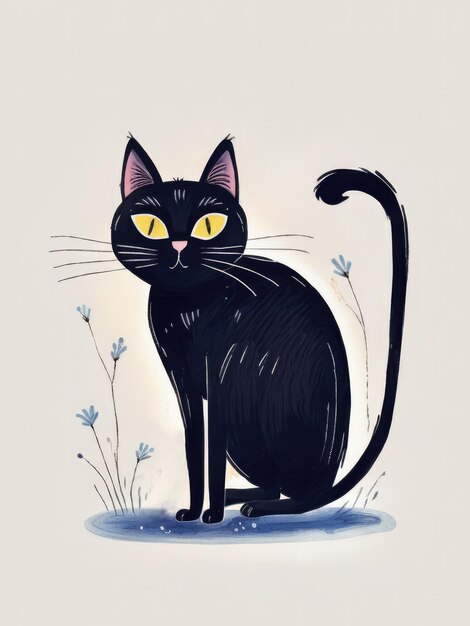 Cute happy black cat watercolor illustration