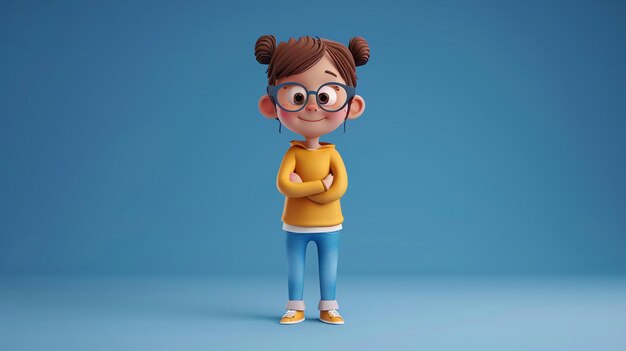 Photo cute and happy cartoon girl character in casual outfit with crossed arms 3d rendering