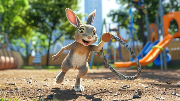 Photo cute and happy cartoon rabbit playing with a metal hoop in a playground