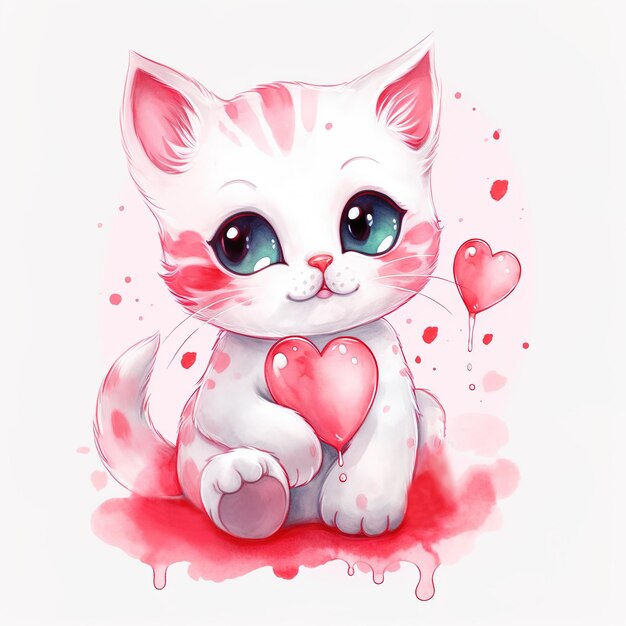 Cute happy cartoon whitepink cat with a heart on a white background generated ai