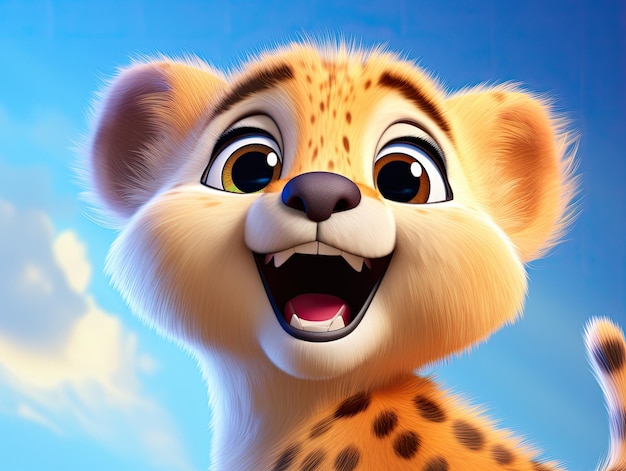 A cute and happy cheetah with eyes wide open in cartoon style