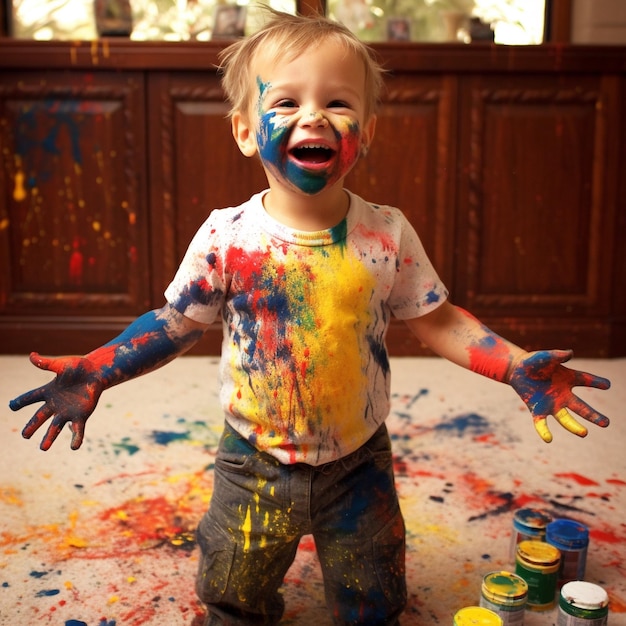 Photo cute happy child playing with colors