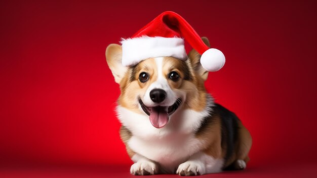 Photo cute happy corgi dog wearing santa hat on red isolated background