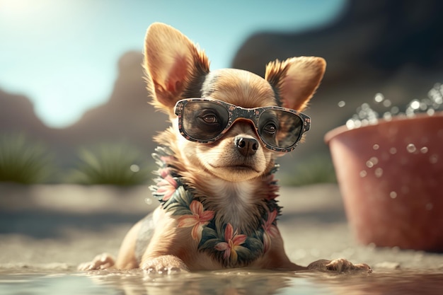 A cute happy dog in a Hawaiian shirt and sunglasses sits on the sand on the beach Generative AI