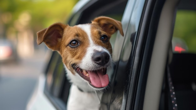 可愛い幸せな犬が車の窓から眺めている