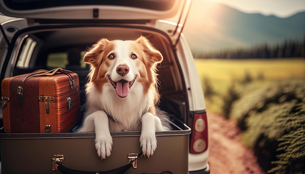 Cute happy dog sits in the trunk of a car in the rays of sunlight by Generative AI