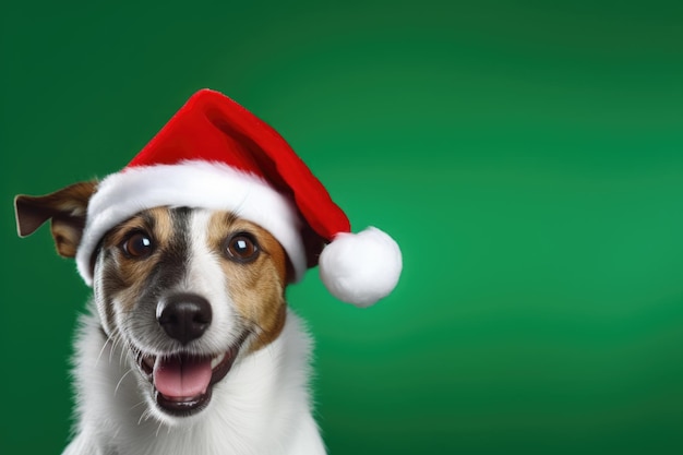cute happy dog wearing santa hat on green background AI Generated