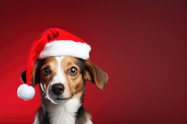 cute happy dog wearing santa hat on red background AI Generated