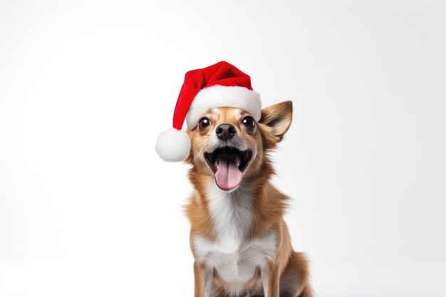 cute happy dog wearing santa hat on white background AI Generated