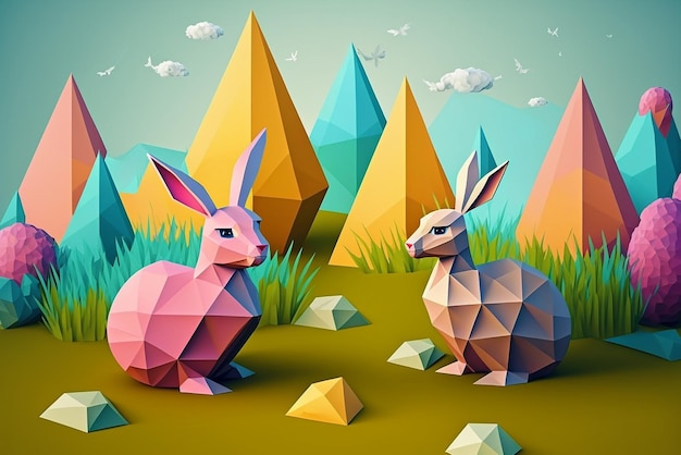 Cute Happy Easter in Cubism Style Illustration Generative AI