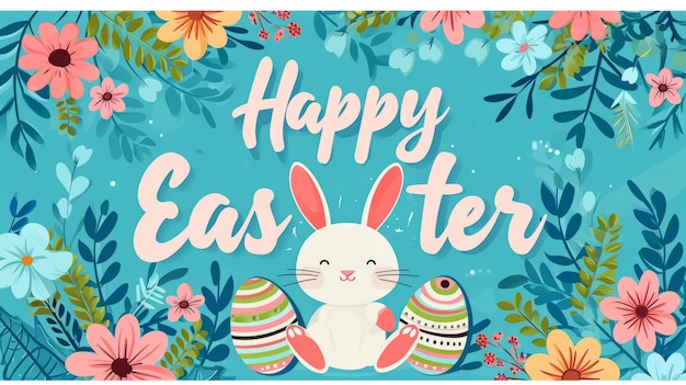 Foto carino modello di felice pasqua con uova con fiori coniglio e design tipografico banner in stile kids