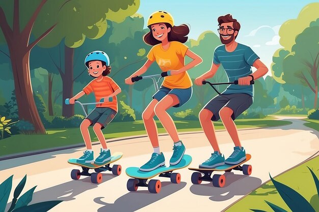 Foto famiglia carina felice in bicicletta, skateboard e pattinaggio a rotelle all'aperto, madre sorridente, padre e figlio che svolgono attività sportive o ricreative nel parco, vacanze estive, illustrazione vettoriale di cartoni animati piatti