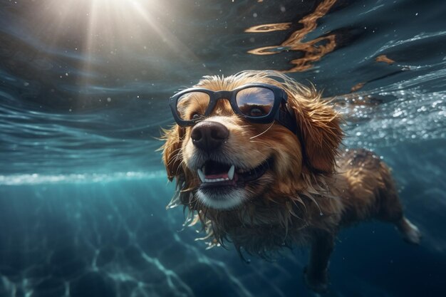 Photo cute happy funny pretty beautiful dogs puppy doggy pet best friend swimming in pool or sea wear sunglasses water laps wet joyful humor enjoyment playing smiling sunlight beach