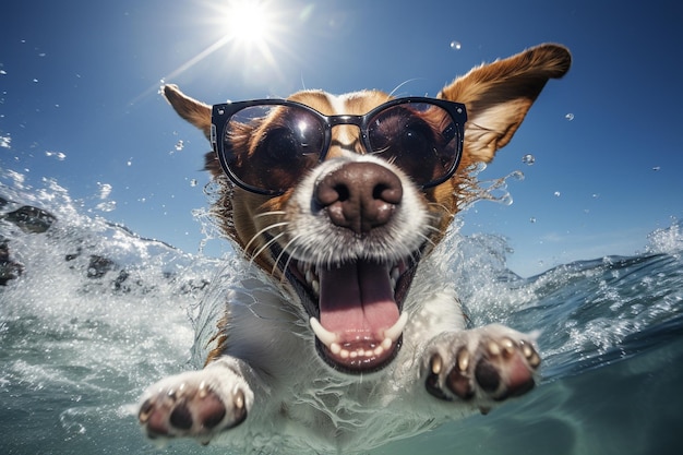 Foto cani carini, divertenti, bellissimi, cuccioli, cani, animali domestici, migliori amici, nuotare in piscina o in mare, indossare occhiali da sole, giri d'acqua bagnati, umorismo gioioso, divertimento, gioco, sorriso, luce solare, spiaggia.