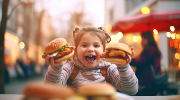 ハンバーガーを持ったかわいい幸せな女の子 7 歳ぼかしカフェの背景