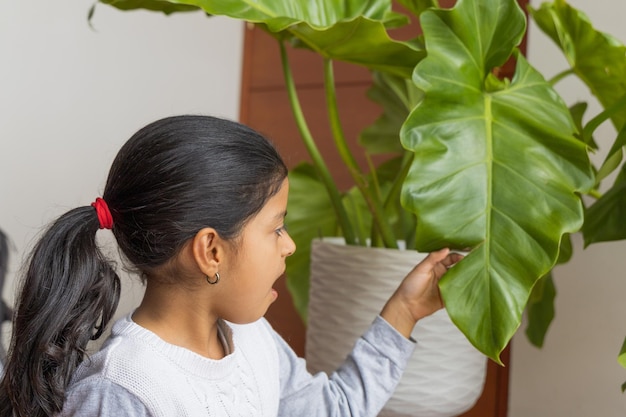 彼女は植物を楽しんでいるので、かわいい幸せな女の子