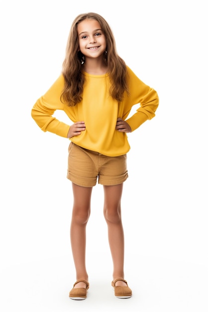 A cute and happy girl wearing yellow clothes standing isolated on a white background