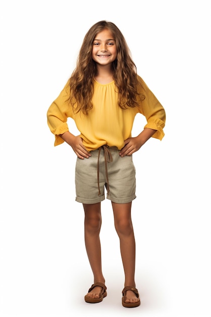 Photo a cute and happy girl wearing yellow clothes standing isolated on a white background