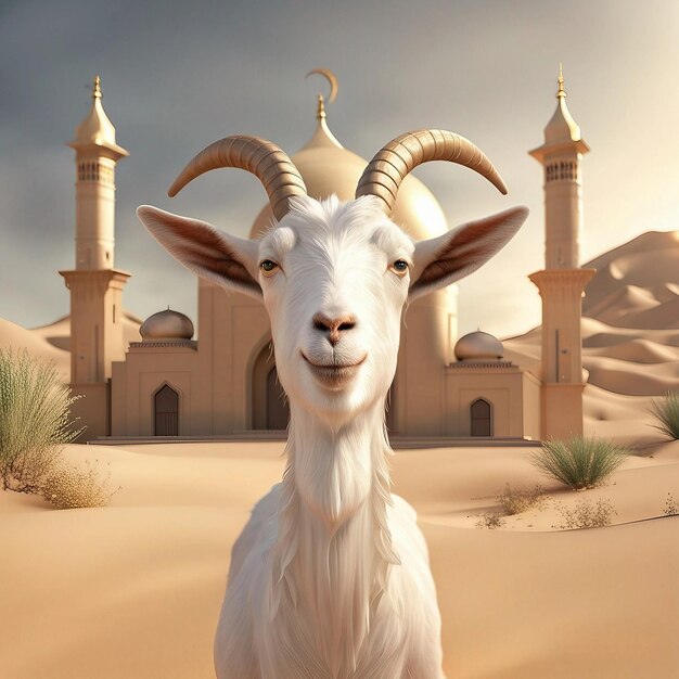 Cute happy goat looking at camera with mosque behind it in desert AI Generated