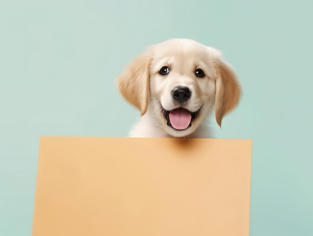 A cute happy golden retriever puppy with blank whiteboard on isolated pastel color background playful and adorable pet generative ai