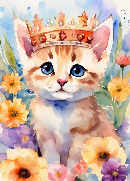 Photo a cute happy kitten with crown watercolor style