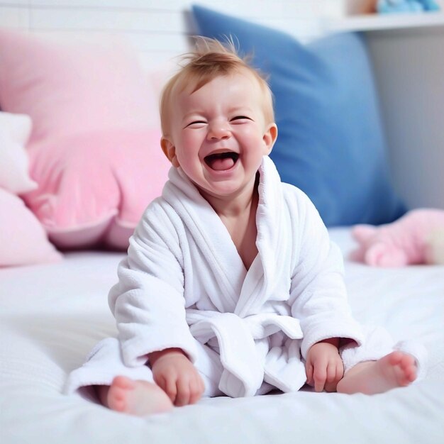 Cute happy laughing baby boy in soft bathrobe after bath playing on white bed