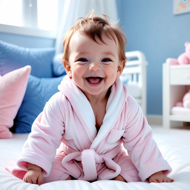 Cute happy laughing baby boy in soft bathrobe after bath playing on white bed