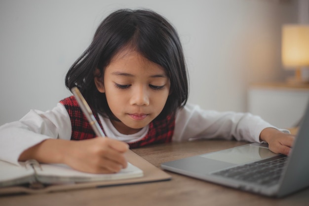 Cute and happy little Asian girl children using a laptop computer studying through an online elearning system at home