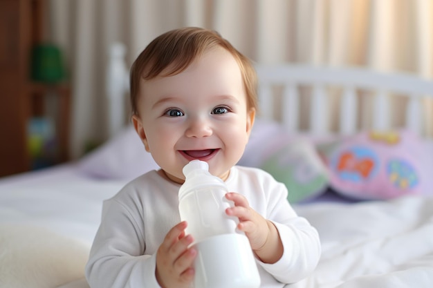 cute happy little baby holding a feeding bottle with milk and smiling Milk formula for babies