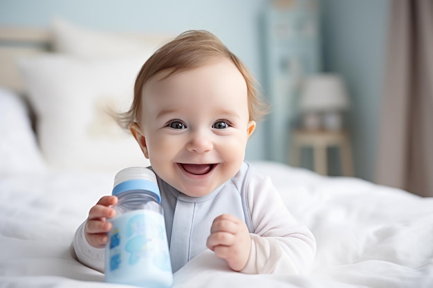 かわいい幸せな小さな赤ちゃんがミルクの入った哺乳瓶を持ち、笑顔で赤ちゃん用のミルク調乳をしています。