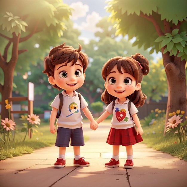 Cute happy little boy and girl cartoon