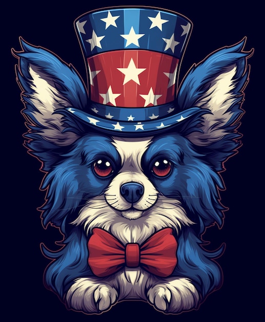 Милая счастливая собачка в шляпе Дядюшки Сэма с любителем флага США