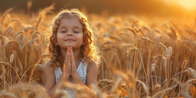 사진 귀여운 행복한 어린 소녀가 밀에서 기도하고 있습니다.