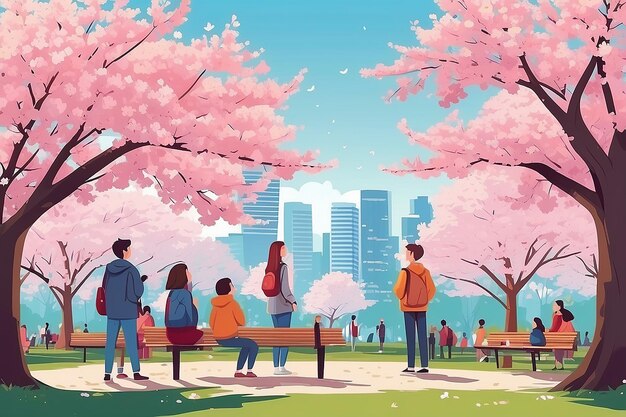 Cute happy men and women viewing cherry blossom at city parkSmiling people watching blooming sakur