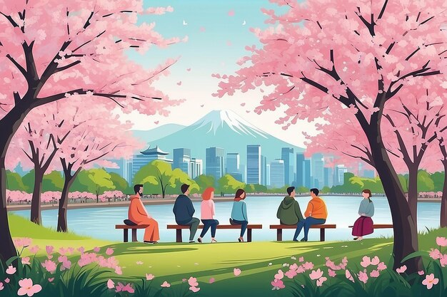 Photo cute happy men and women viewing cherry blossom at city parksmiling people watching blooming sakur