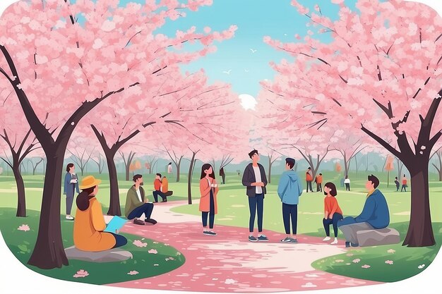 Cute happy men and women viewing cherry blossom at city parkSmiling people watching blooming sakur