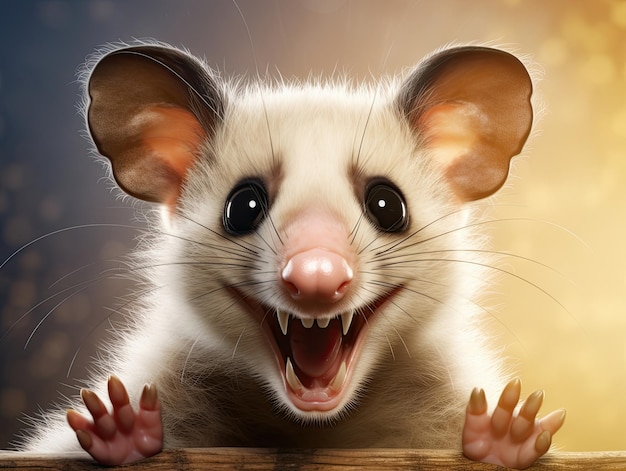 A cute and happy opossum with eyes wide open in cartoon style
