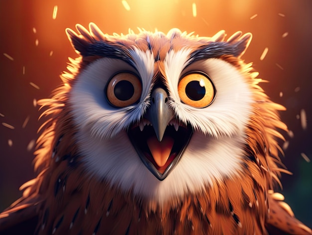 A cute and happy owl with eyes wide open in cartoon style