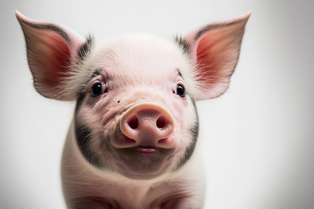 Cute happy pig in portrait on a white backdrop