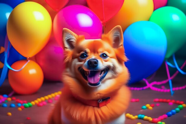 Foto carina di compleanno di pomerania con palloncini e strisce di felicitazioni per le vacanze