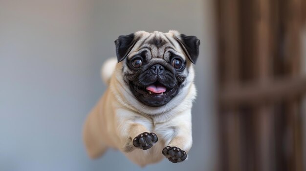 Photo cute happy pug dog jumping ai generative