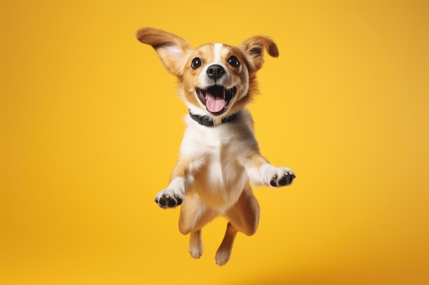 cute happy puppy jumping on yellow background AI Generated