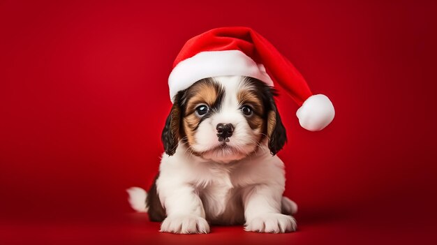 Photo cute happy puppy wearing santa hat on red isolated background