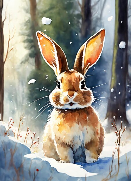 Photo a cute happy rabbit in forest watercolor style