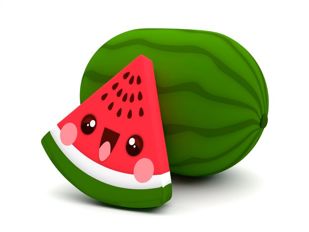 Photo cute and happy red and green watermelon fruit kawaii 3d cartoon character